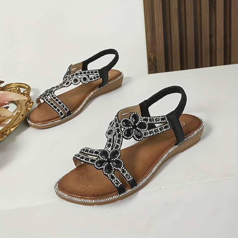 Boho Floral Rhinestone Sandals: Open Toe, Elastic Strap, Casual Beach Style