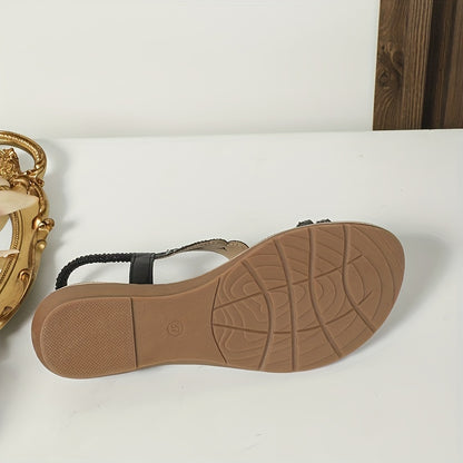 Boho Floral Rhinestone Sandals: Open Toe, Elastic Strap, Casual Beach Style